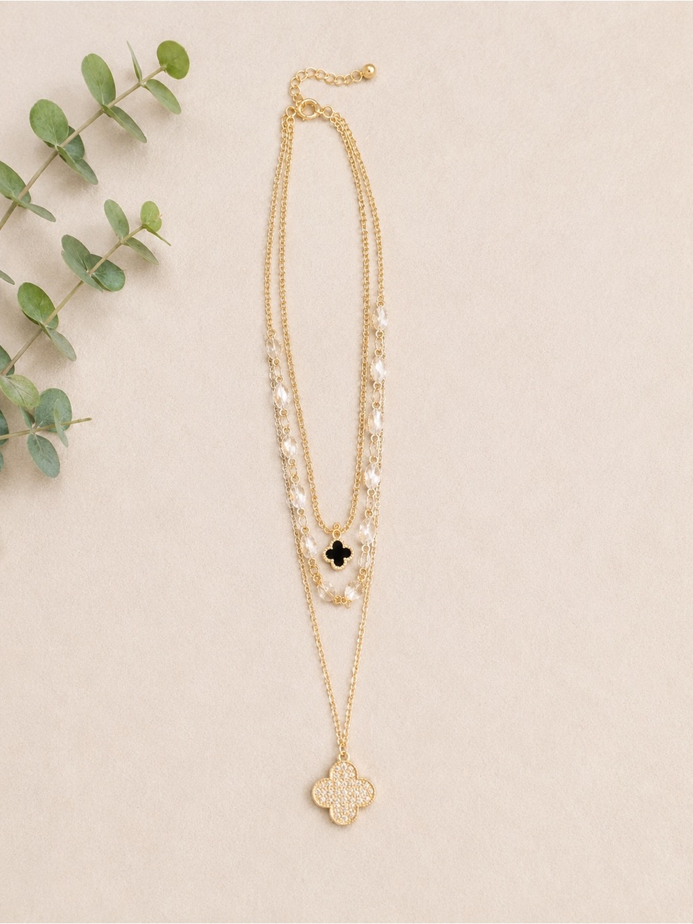 ✨ Gold Layered Clover Necklace | Crystal Station Chain | Statement Pendant